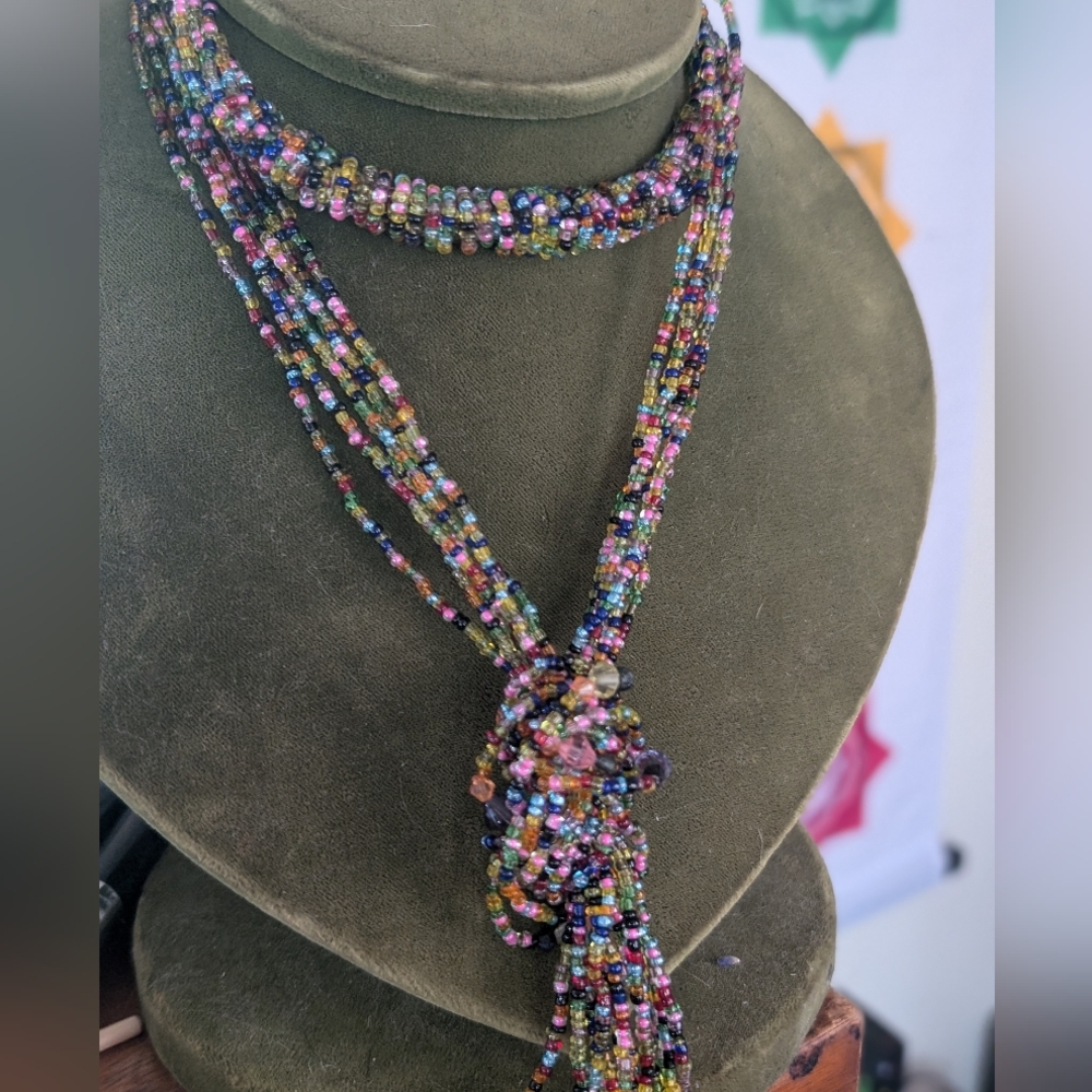 Multi beaded long tie wrap necklace